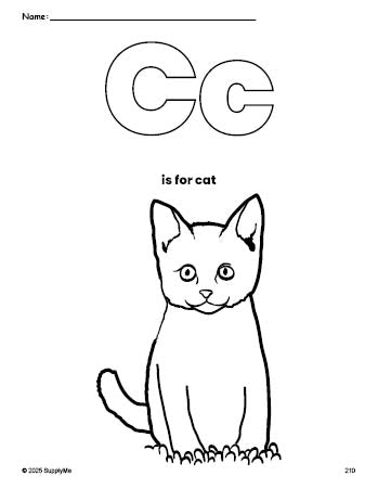 Free printable cat coloring page, letter c coloring page for preschool, pre-k, and kindergarten, PDF