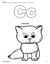 Free printable cat coloring page, letter c coloring page for preschool, pre-k, and kindergarten, PDF