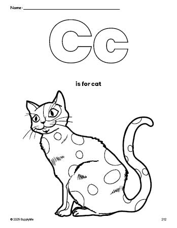 Free printable cat coloring page, letter c coloring page for preschool, pre-k, and kindergarten, PDF