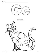 Free printable cat coloring page, letter c coloring page for preschool, pre-k, and kindergarten, PDF