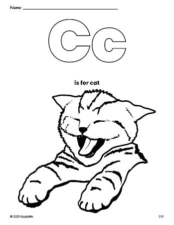 Free printable cat coloring page, letter c coloring page for preschool, pre-k, and kindergarten, PDF