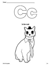 Free printable cat coloring page, letter c coloring page for preschool, pre-k, and kindergarten, PDF