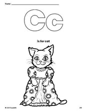 Free printable cat coloring page, letter c coloring page for preschool, pre-k, and kindergarten, PDF