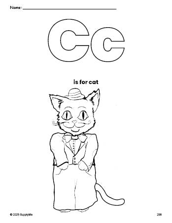 Free printable cat coloring page, letter c coloring page for preschool, pre-k, and kindergarten, PDF