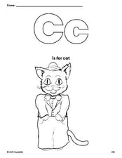 Free printable cat coloring page, letter c coloring page for preschool, pre-k, and kindergarten, PDF