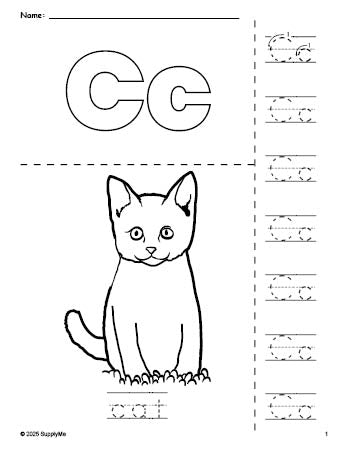 Free printable cat coloring page and letter tracing worksheet, letter c worksheet for preschool, pre-k, and kindergarten, PDF