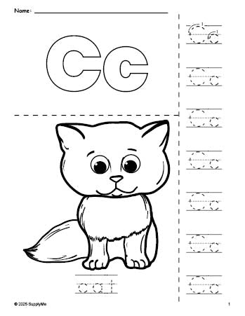 Free printable cat coloring page and letter tracing worksheet, letter c worksheet for preschool, pre-k, and kindergarten, PDF