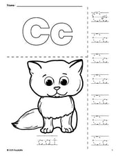 Free printable cat coloring page and letter tracing worksheet, letter c worksheet for preschool, pre-k, and kindergarten, PDF