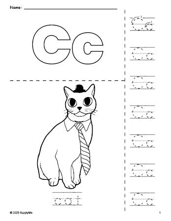 Free printable cat coloring page and letter tracing worksheet, letter c worksheet for preschool, pre-k, and kindergarten, PDF