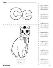 Free printable cat coloring page and letter tracing worksheet, letter c worksheet for preschool, pre-k, and kindergarten, PDF