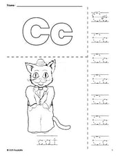 Free printable cat coloring page and letter tracing worksheet, letter c worksheet for preschool, pre-k, and kindergarten, PDF