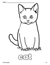 Free printable cat coloring page for preschool, pre-k, and kindergarten, PDF