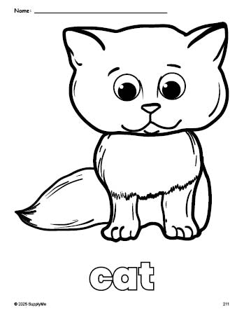 Free printable cat coloring page for preschool, pre-k, and kindergarten, PDF