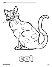 Free printable cat coloring page for preschool, pre-k, and kindergarten, PDF