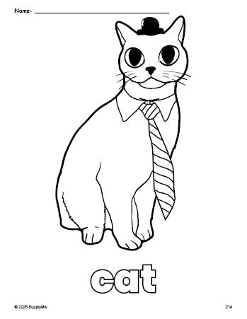 Free printable cat coloring page for preschool, pre-k, and kindergarten, PDF