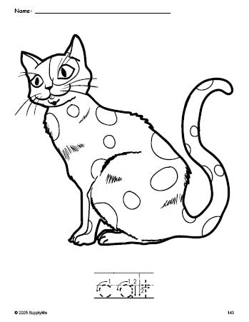 Free printable cat coloring page and word tracing worksheet, letter formation guides, perfect for preschool, pre-k, and kindergarten, PDF