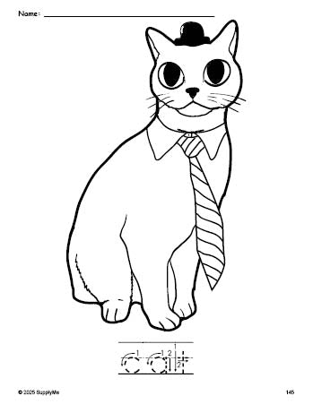 Free printable cat coloring page and word tracing worksheet, letter formation guides, perfect for preschool, pre-k, and kindergarten, PDF