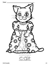 Free printable cat coloring page and word tracing worksheet, letter formation guides, perfect for preschool, pre-k, and kindergarten, PDF