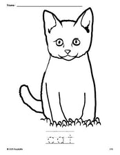 Free printable cat coloring page and word tracing worksheet, perfect for preschool, pre-k, and kindergarten, PDF