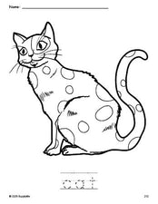 Free printable cat coloring page and word tracing worksheet, perfect for preschool, pre-k, and kindergarten, PDF