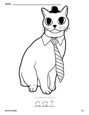 Free printable cat coloring page and word tracing worksheet, perfect for preschool, pre-k, and kindergarten, PDF