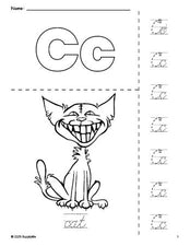 Free printable cat Halloween coloring page and cursive letter tracing worksheet, letter c worksheet for preschool, pre-k, and kindergarten, PDF