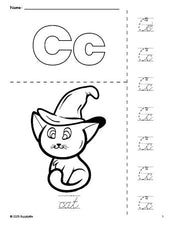 Free printable cat Halloween coloring page and cursive letter tracing worksheet, letter c worksheet for preschool, pre-k, and kindergarten, PDF