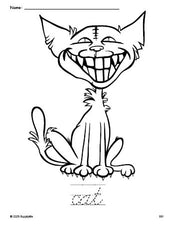 Free printable cat Halloween coloring page and cursive word tracing worksheet, perfect for preschool, pre-k, and kindergarten, PDF