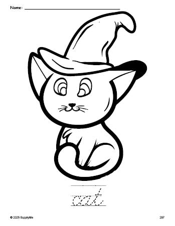 Free printable cat Halloween coloring page and cursive word tracing worksheet, perfect for preschool, pre-k, and kindergarten, PDF