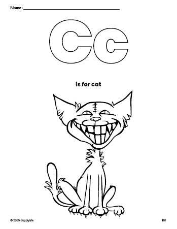 Free printable cat Halloween coloring page, letter c coloring page for preschool, pre-k, and kindergarten, PDF