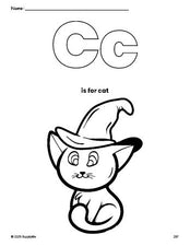 Free printable cat Halloween coloring page, letter c coloring page for preschool, pre-k, and kindergarten, PDF