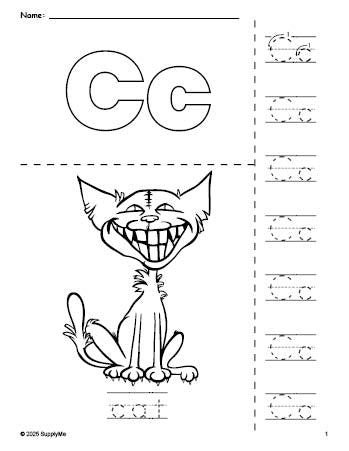 Free printable cat Halloween coloring page and letter tracing worksheet, letter c worksheet for preschool, pre-k, and kindergarten, PDF