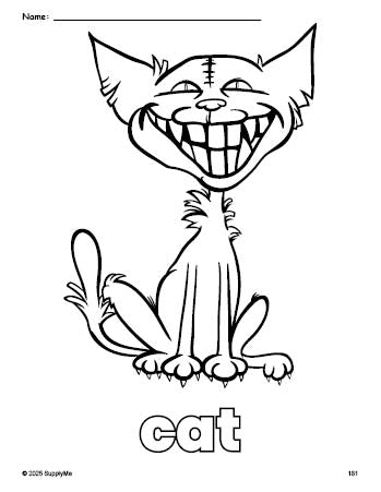 Free printable cat Halloween coloring page for preschool, pre-k, and kindergarten, PDF