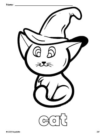 Free printable cat Halloween coloring page for preschool, pre-k, and kindergarten, PDF