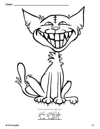 Free printable cat Halloween coloring page and word tracing worksheet, letter formation guides, perfect for preschool, pre-k, and kindergarten, PDF