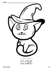 Free printable cat Halloween coloring page and word tracing worksheet, letter formation guides, perfect for preschool, pre-k, and kindergarten, PDF