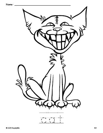 Free printable cat Halloween coloring page and word tracing worksheet, perfect for preschool, pre-k, and kindergarten, PDF