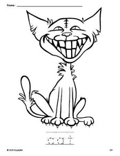 Free printable cat Halloween coloring page and word tracing worksheet, perfect for preschool, pre-k, and kindergarten, PDF