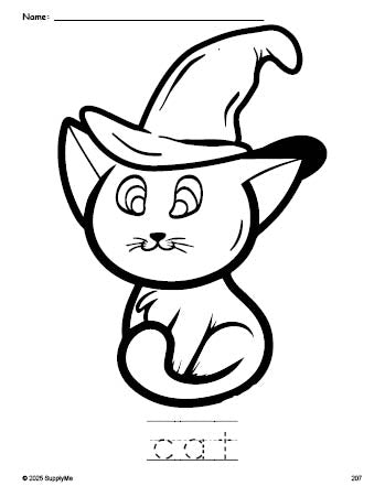 Free printable cat Halloween coloring page and word tracing worksheet, perfect for preschool, pre-k, and kindergarten, PDF