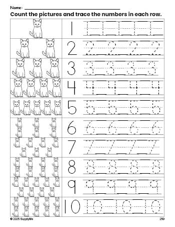 Free printable cat counting worksheet for preschool and pre-k with number tracing practice 1-10, PDF