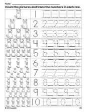 Free printable cat counting worksheet for preschool and pre-k with number tracing practice 1-10, PDF