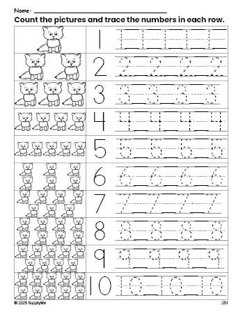 Free printable cat counting worksheet for preschool and pre-k with number tracing practice 1-10, PDF