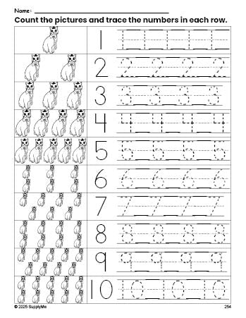 Free printable cat counting worksheet for preschool and pre-k with number tracing practice 1-10, PDF