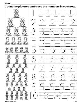 Free printable cat counting worksheet for preschool and pre-k with number tracing practice 1-10, PDF