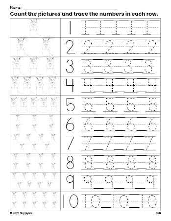 Free printable cat counting worksheet for preschool and pre-k with number tracing practice 1-10, PDF