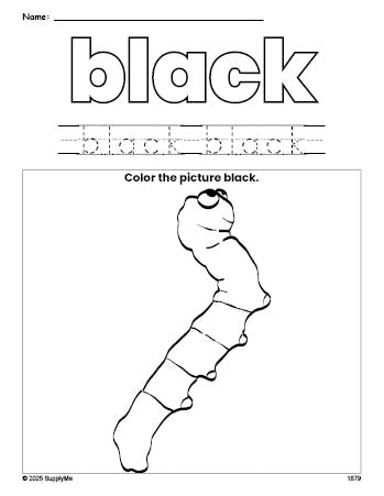 Free caterpillar color black coloring page and color worksheet, black worksheet for preschoolers to learn colors, printable PDF