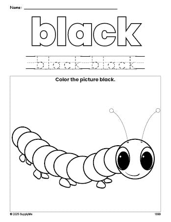 Free caterpillar color black coloring page and color worksheet, black worksheet for preschoolers to learn colors, printable PDF