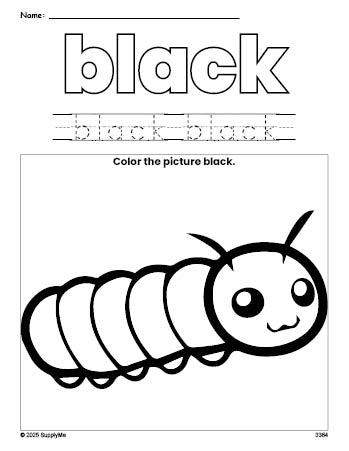 Free caterpillar color black coloring page and color worksheet, black worksheet for preschoolers to learn colors, printable PDF