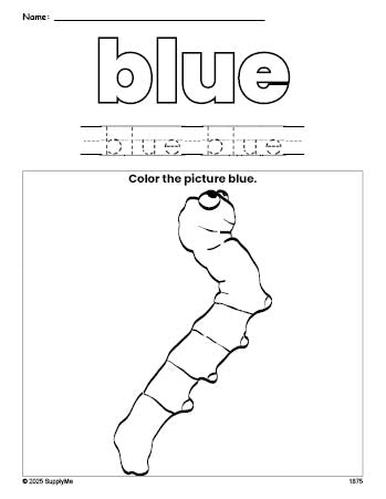 Free caterpillar color blue coloring page and color worksheet, blue worksheet for preschoolers to learn colors, printable PDF