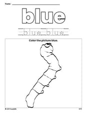 Free caterpillar color blue coloring page and color worksheet, blue worksheet for preschoolers to learn colors, printable PDF